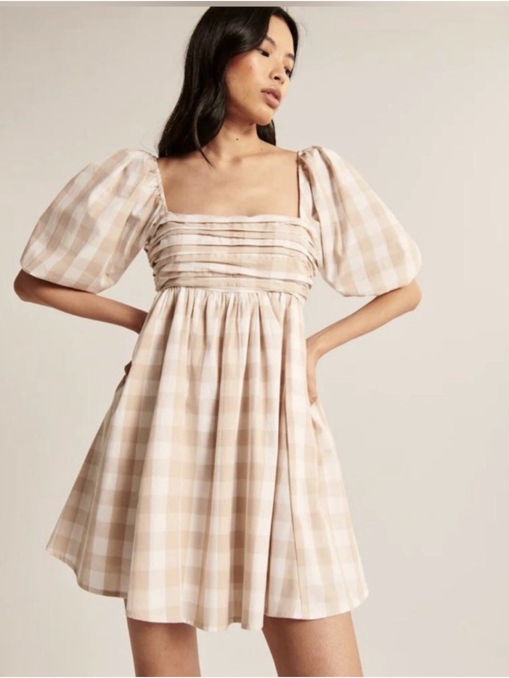 Women's Abercrombie Puff Sleeve Gingham Mini Dress in Beige